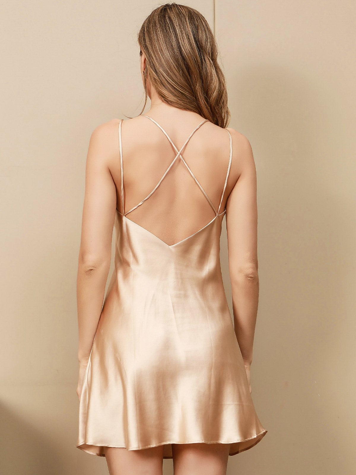 [Champagne] SilkSilky-CA Pure Silk Sleeveless V Neck Dress 002