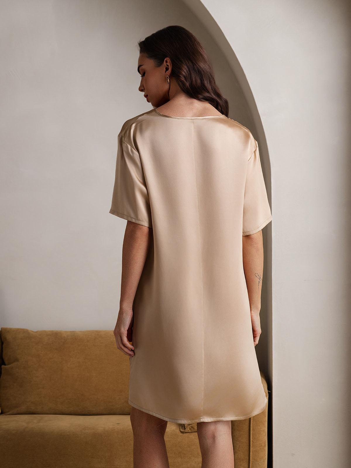 [Champagne] SilkSilky-CA Pure Silk V Neck Nightgown 002