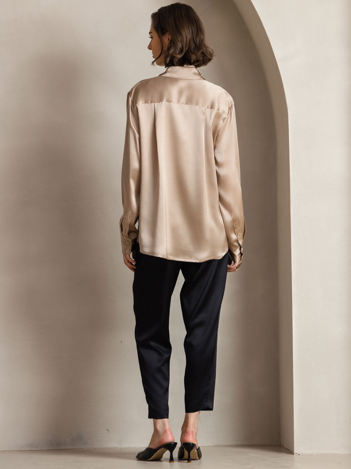 [Champagne] SilkSilky-CA Silk Long Sleeve Collar Women's Shirt 002