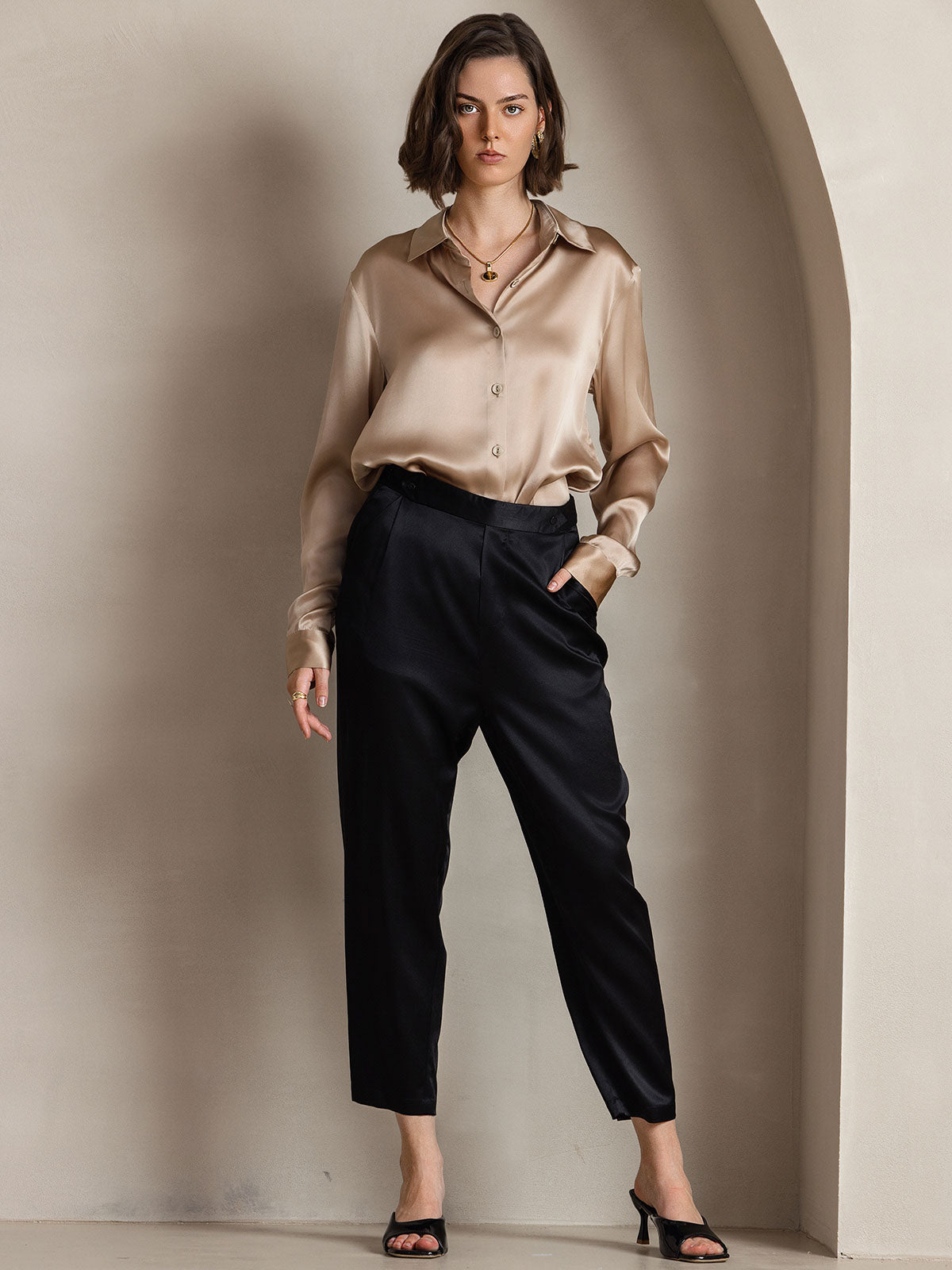 [Champagne] SilkSilky-CA Silk Long Sleeve Collar Women's Shirt 003