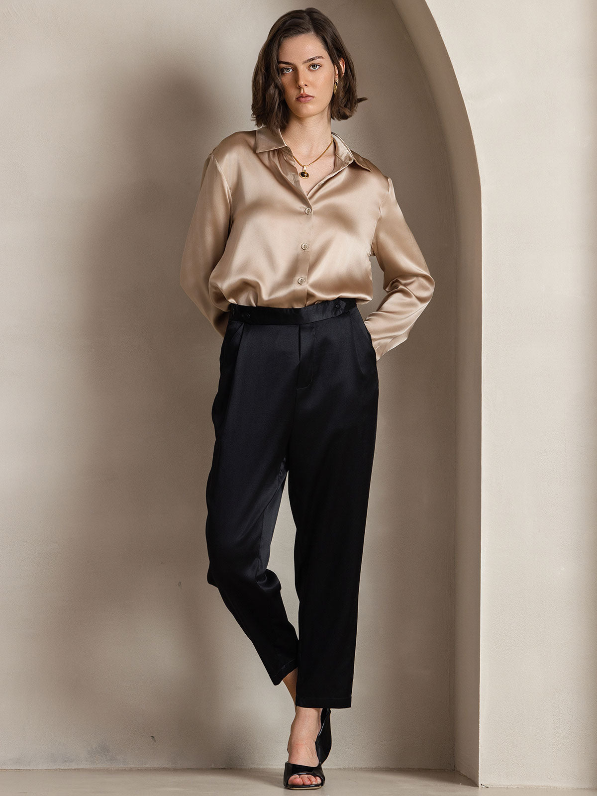 [Champagne] SilkSilky-CA Silk Long Sleeve Collar Women's Shirt 005