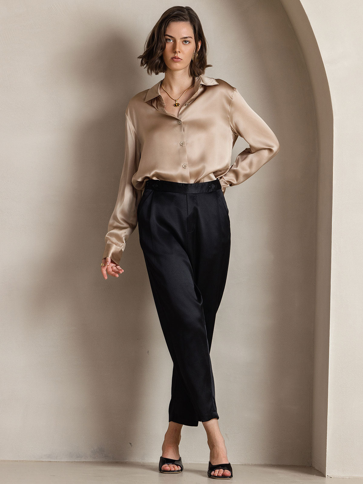 [Champagne] SilkSilky-CA Silk Long Sleeve Collar Women's Shirt 006