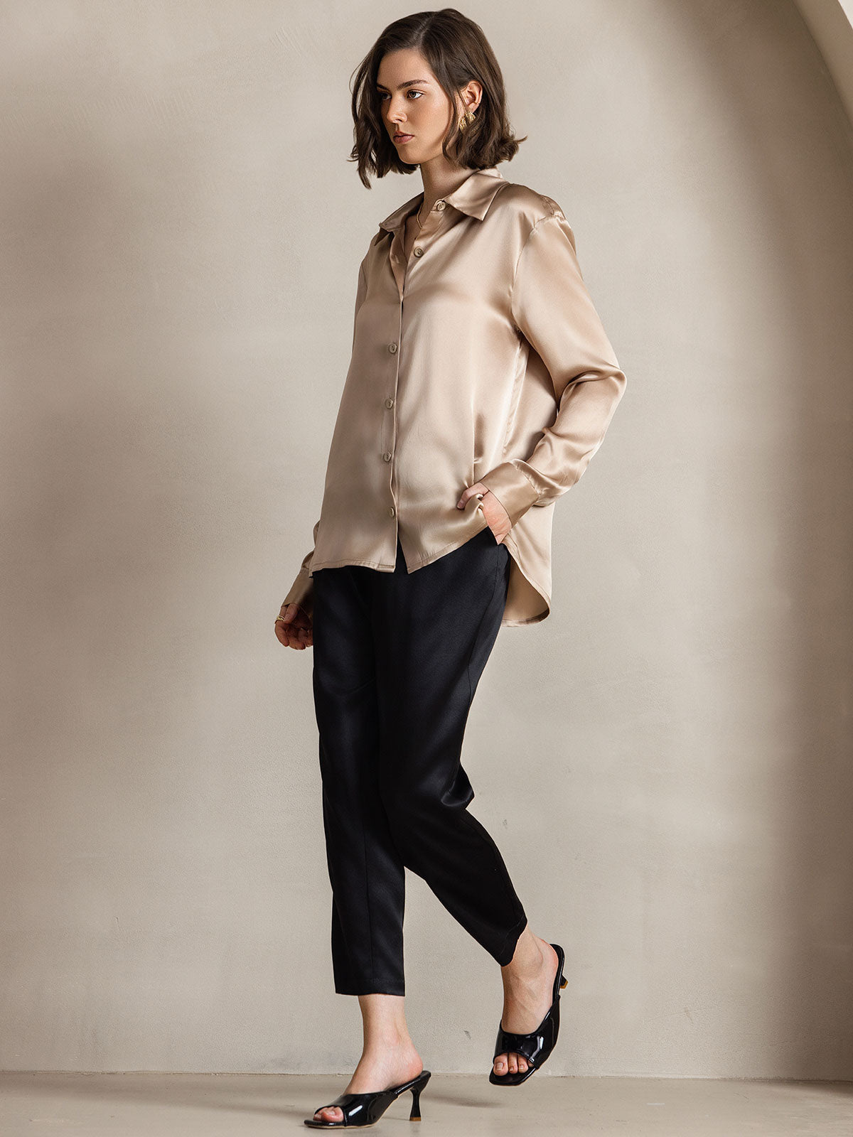 [Champagne] SilkSilky-CA Silk Long Sleeve Collar Women's Shirt 007