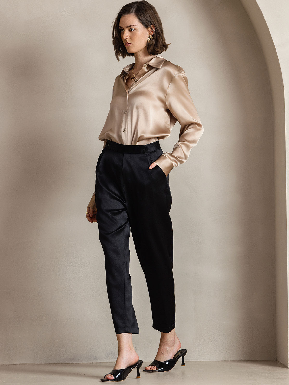 [Champagne] SilkSilky-CA Silk Long Sleeve Collar Women's Shirt 008