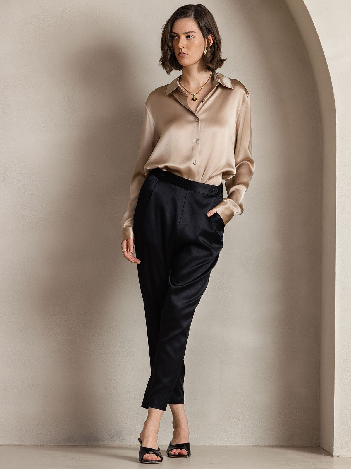 [Champagne] SilkSilky-CA Silk Long Sleeve Collar Women's Shirt 009