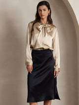 [Champagne] SilkSilky-CA 19Momme Stretch Silk Charmeuse Long Sleeve Tie Neck Blouse 004