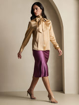 [Champagne] SilkSilky-CA Long Sleeve High Neck Blouse 009