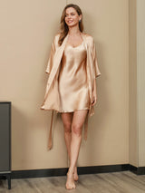[Champagne] SilkSilky-CA 3/4 Sleeve V Neck Nightgown&Robe Set 001