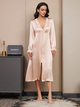 [Champagne] SilkSilky-CA Pure Silk Long Sleeve V Neck Nightgown 003