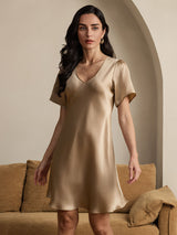 [Champagne] SilkSilky-CA Short Sleeve V Neck Nightgown 003