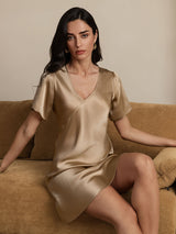 [Champagne] SilkSilky-CA Short Sleeve V Neck Nightgown 007