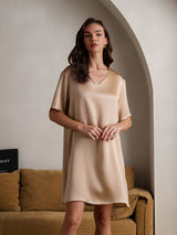 [Champagne] SilkSilky-CA Half Sleeve V Neck Nightgown 004