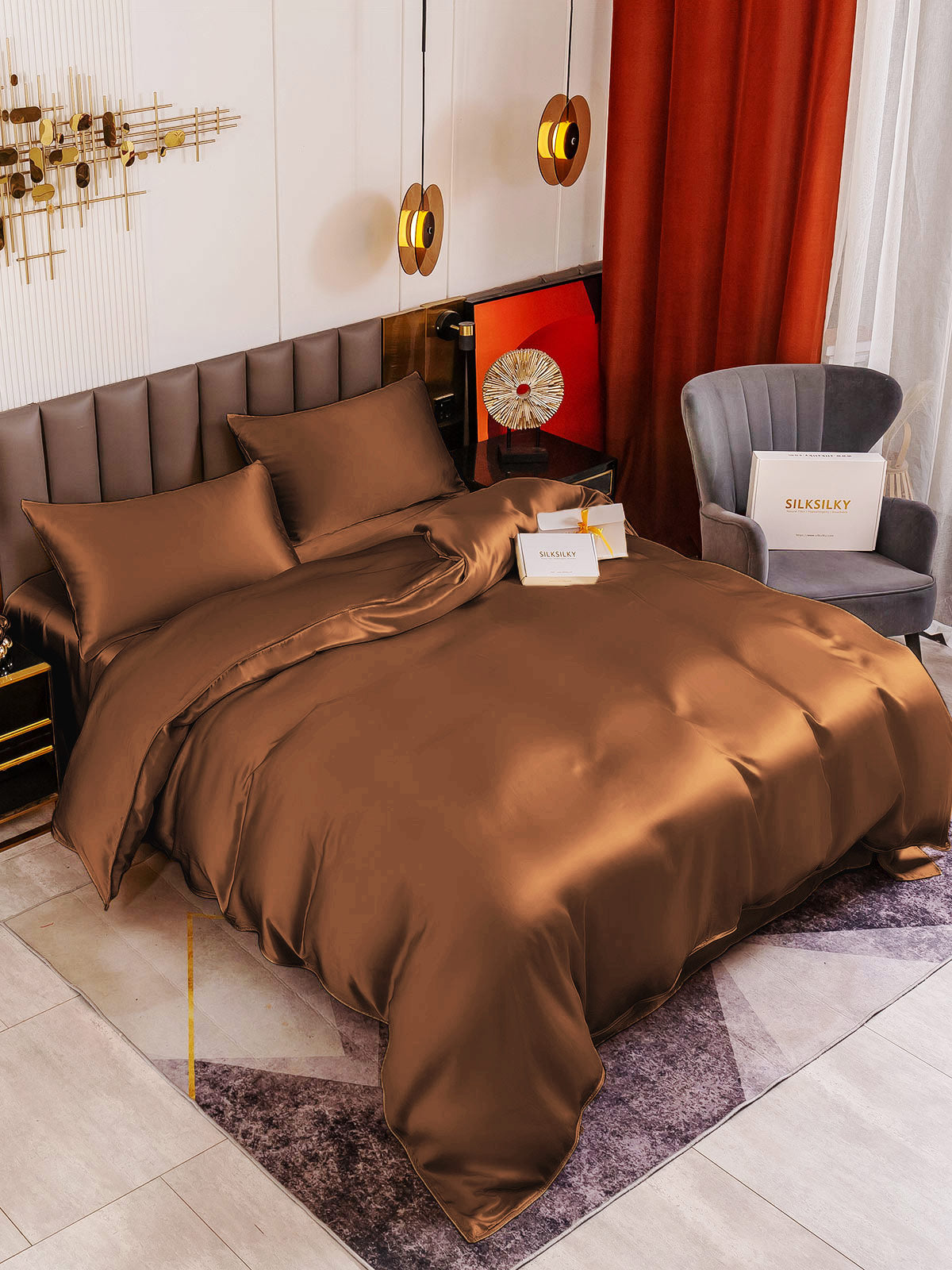 [Coffee] SilkSilky-CA 19Momme Pure Silk Bedding Set 001