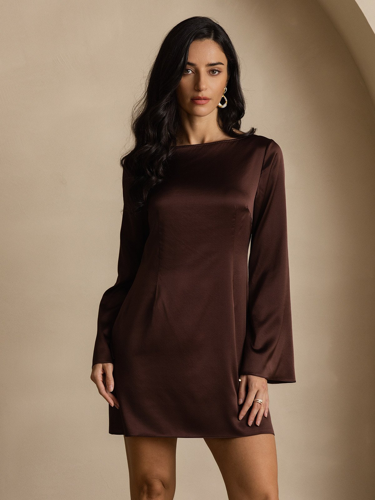 [Coffee] SilkSilky-CA 19Momme Silk Long Sleeve Boat Neck Dress 003