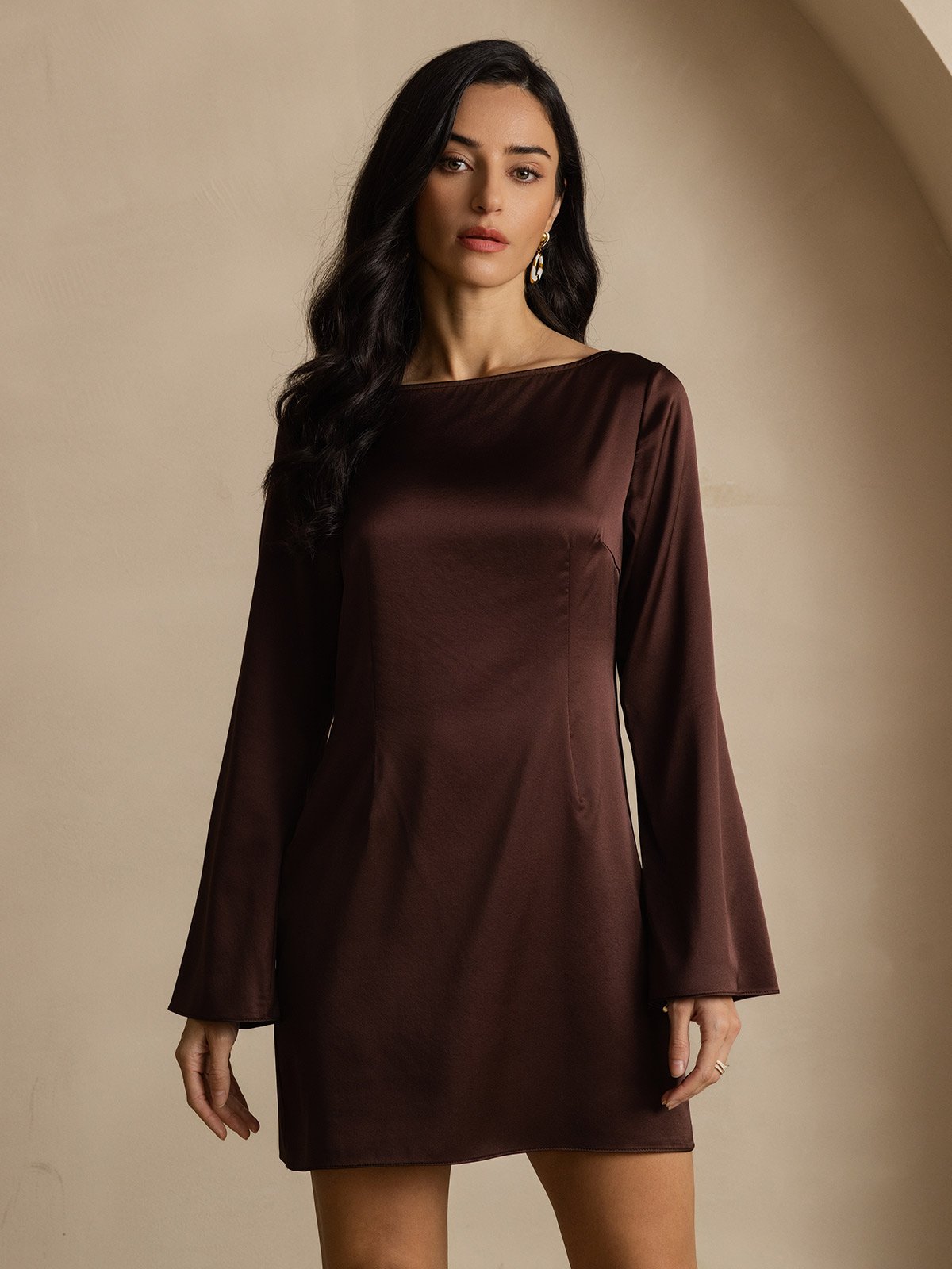 [Coffee] SilkSilky-CA 19Momme Silk Long Sleeve Boat Neck Dress 004