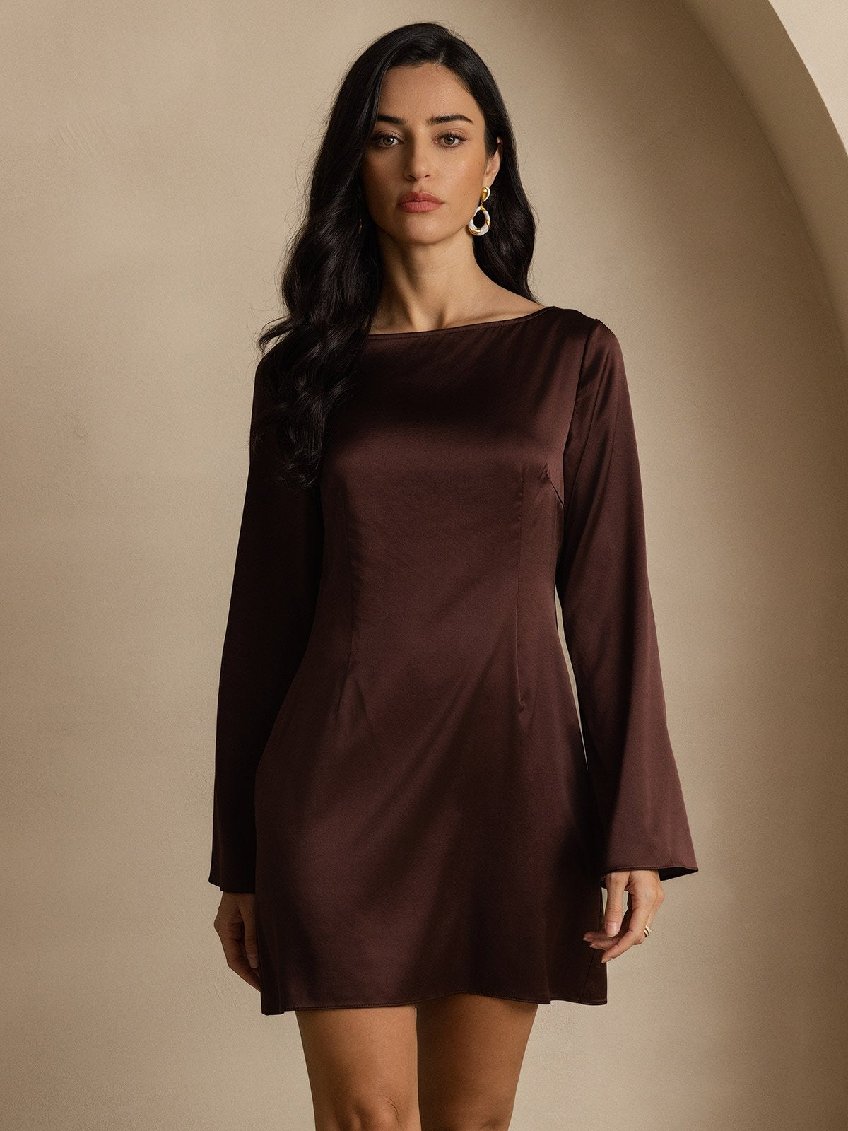 [Coffee] SilkSilky-CA 19Momme Silk Long Sleeve Boat Neck Dress 005