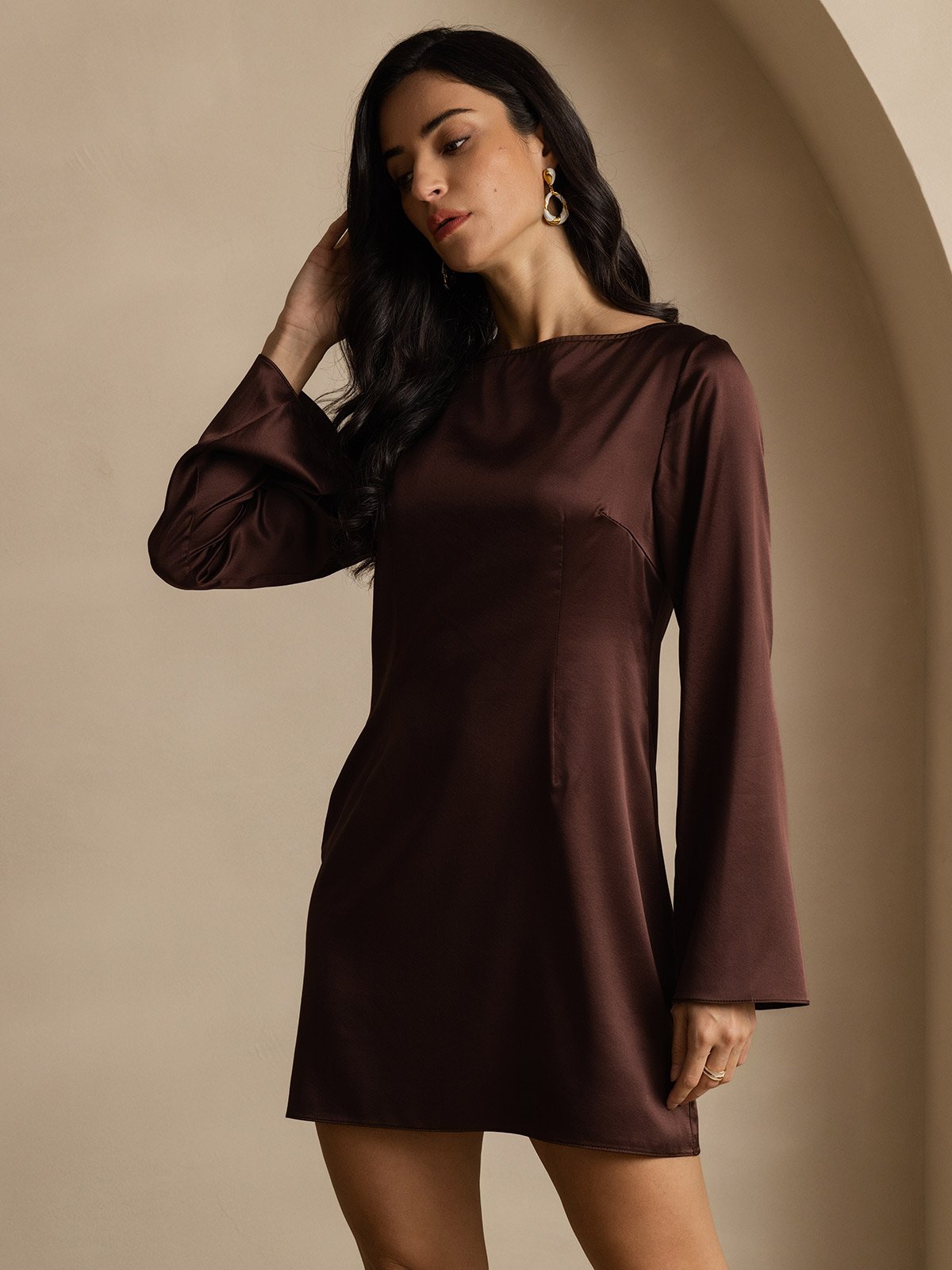 [Coffee] SilkSilky-CA 19Momme Silk Long Sleeve Boat Neck Dress 006