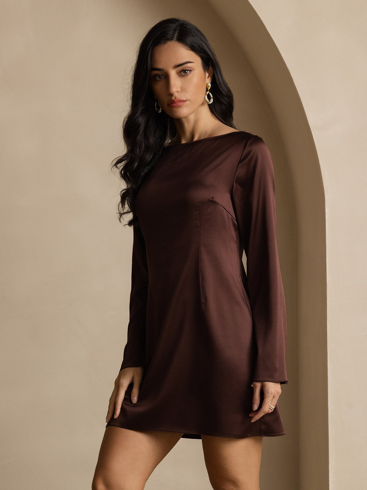 [Coffee] SilkSilky-CA 19Momme Silk Long Sleeve Boat Neck Dress 007