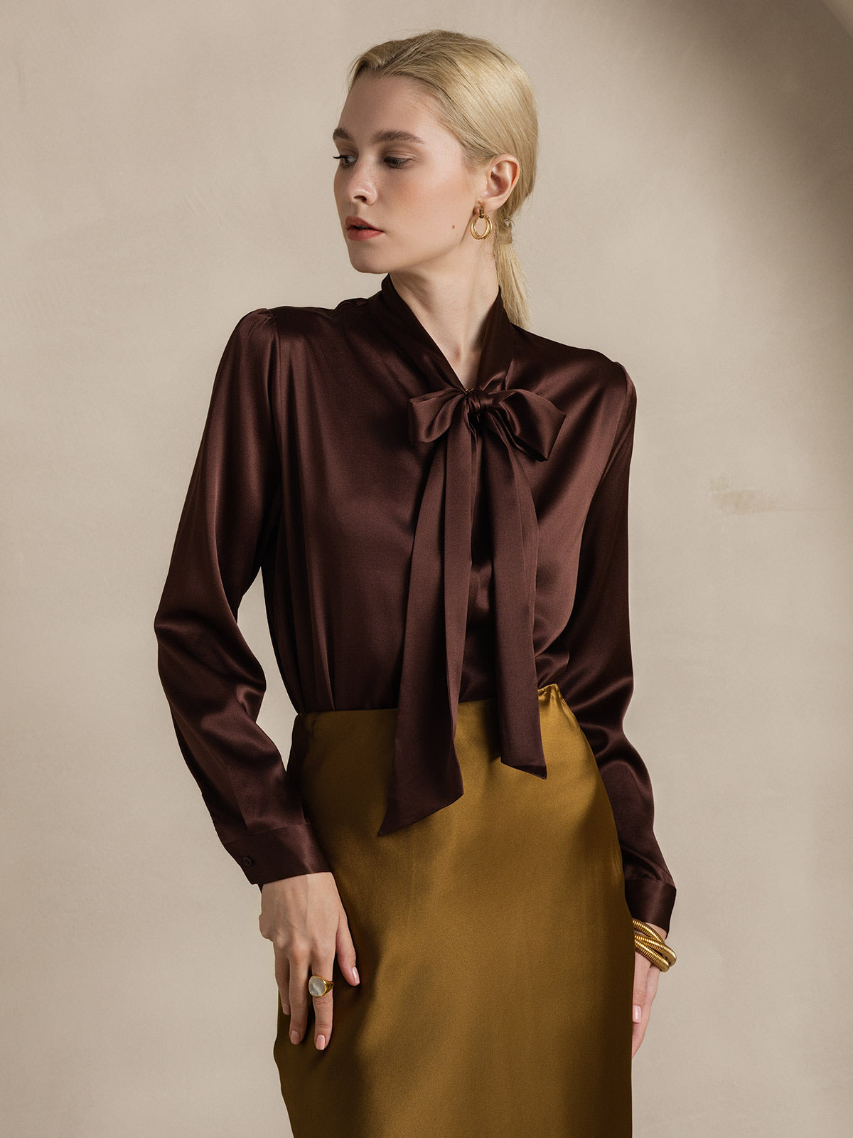 [Coffee] SilkSilky-CA 19Momme Silk Long Sleeve Tie Neck Women's Shirt 001