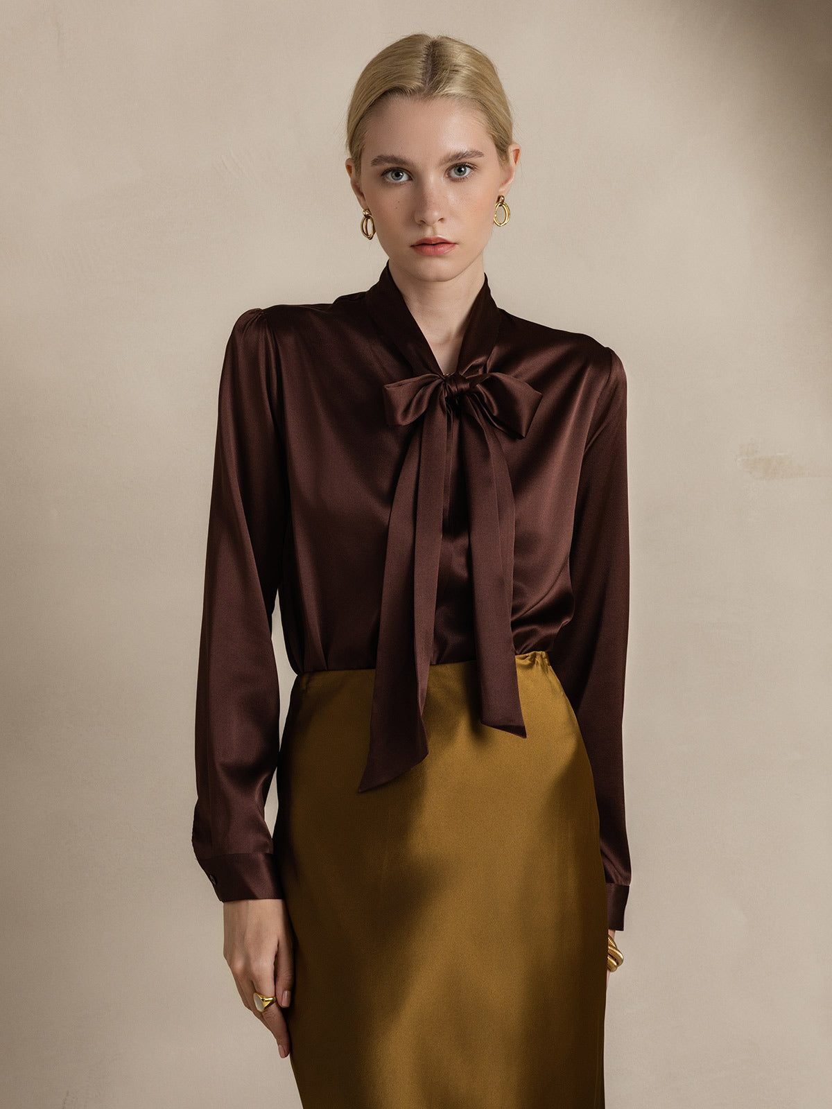 [Coffee] SilkSilky-CA 19Momme Silk Long Sleeve Tie Neck Women's Shirt 003