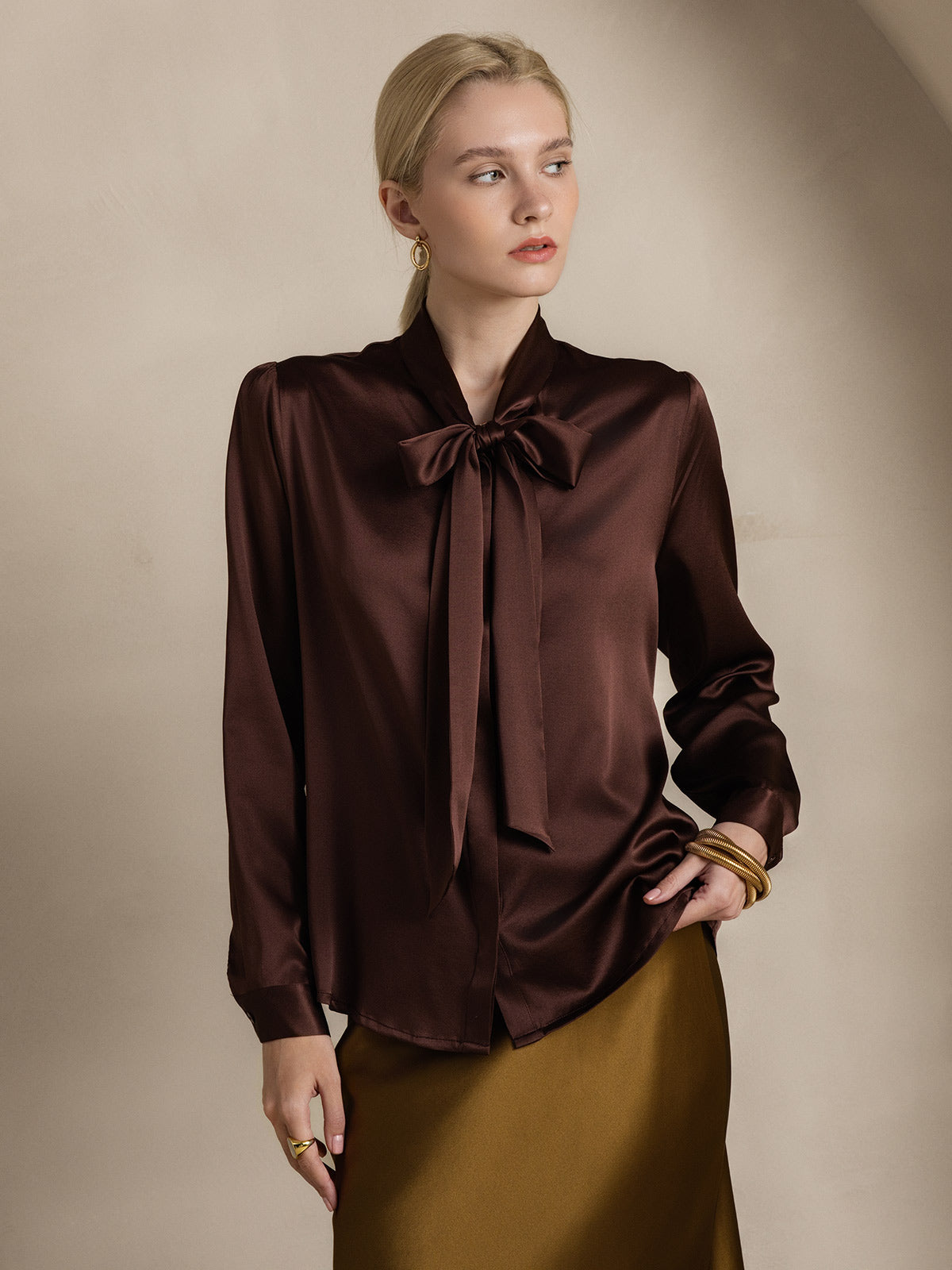 [Coffee] SilkSilky-CA 19Momme Silk Long Sleeve Tie Neck Women's Shirt 004
