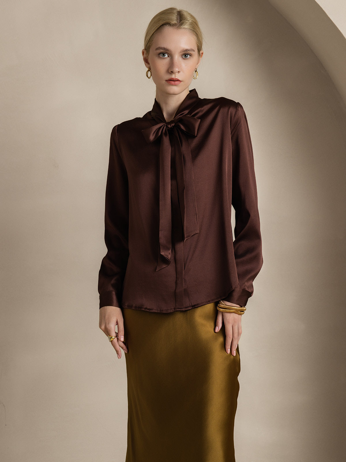 [Coffee] SilkSilky-CA 19Momme Silk Long Sleeve Tie Neck Women's Shirt 005