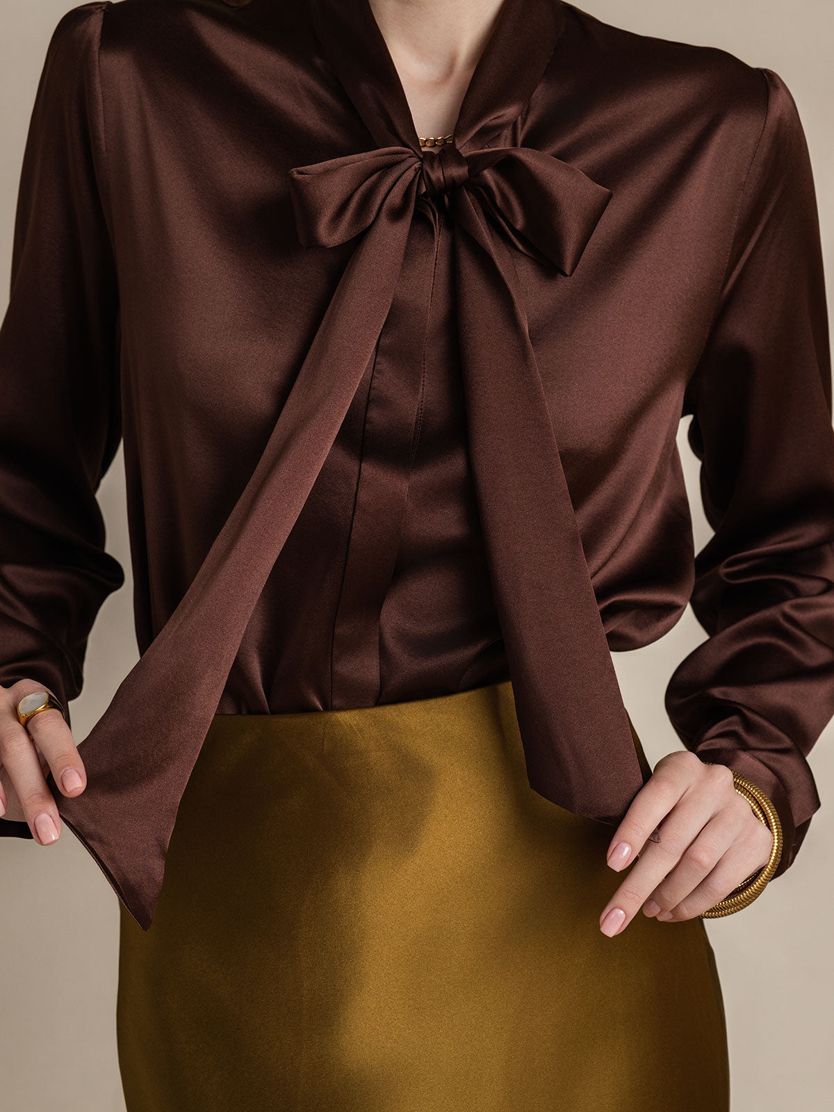 [Coffee] SilkSilky-CA 19Momme Silk Long Sleeve Tie Neck Women's Shirt 008