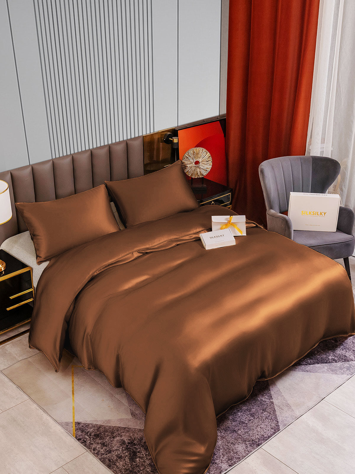[Coffee] SilkSilky-CA 22Momme Pure Silk Bedding Set 002