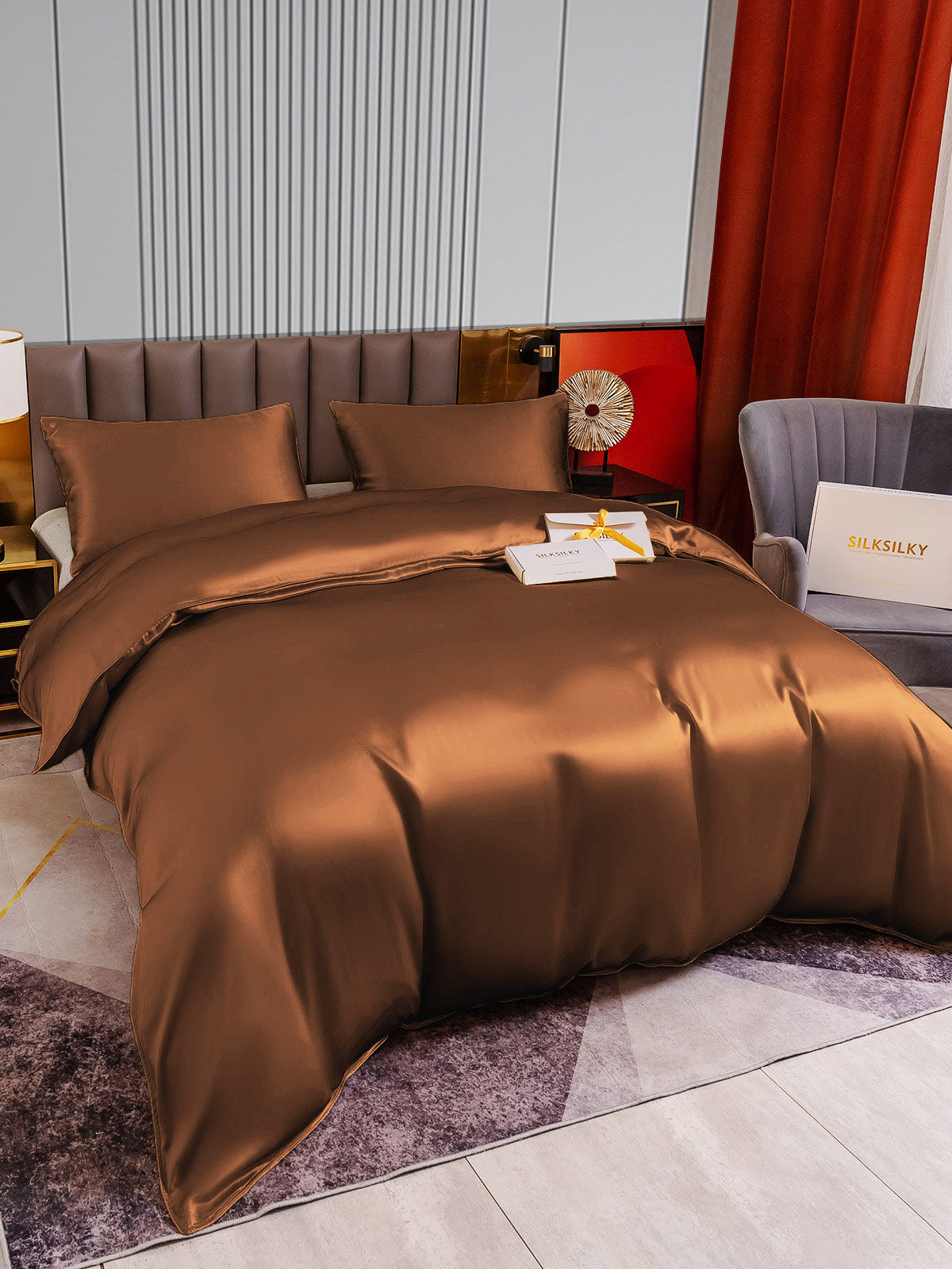 [Coffee] SilkSilky-CA 22Momme Pure Silk Bedding Set 003