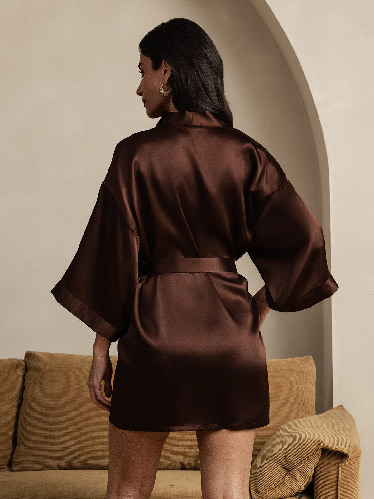 [Coffee] SilkSilky-CA Pure Silk Half Sleeve Womens Robe 002
