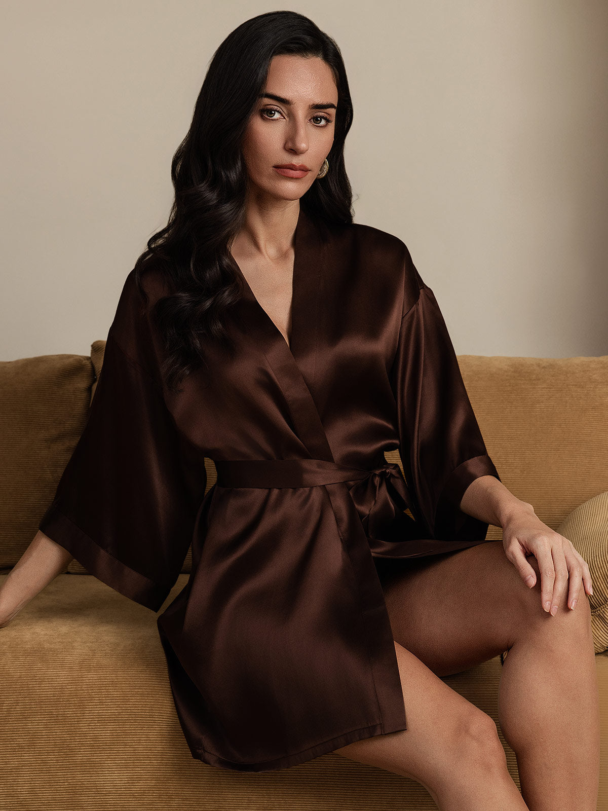 [Coffee] SilkSilky-CA Pure Silk Half Sleeve Womens Robe 003