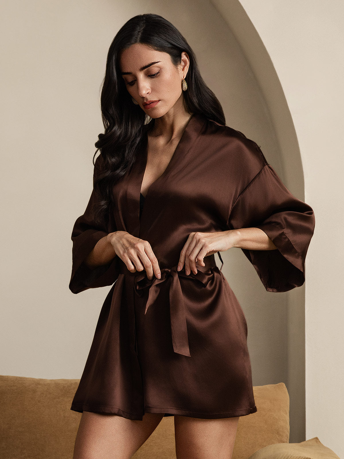 [Coffee] SilkSilky-CA Pure Silk Half Sleeve Womens Robe 005