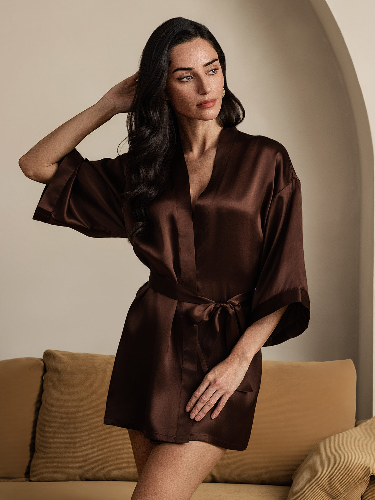 [Coffee] SilkSilky-CA Pure Silk Half Sleeve Womens Robe 006