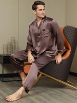 [Coffee] SilkSilky-CA Pure Silk Long Sleeve Lapel Men's Pajamas 001