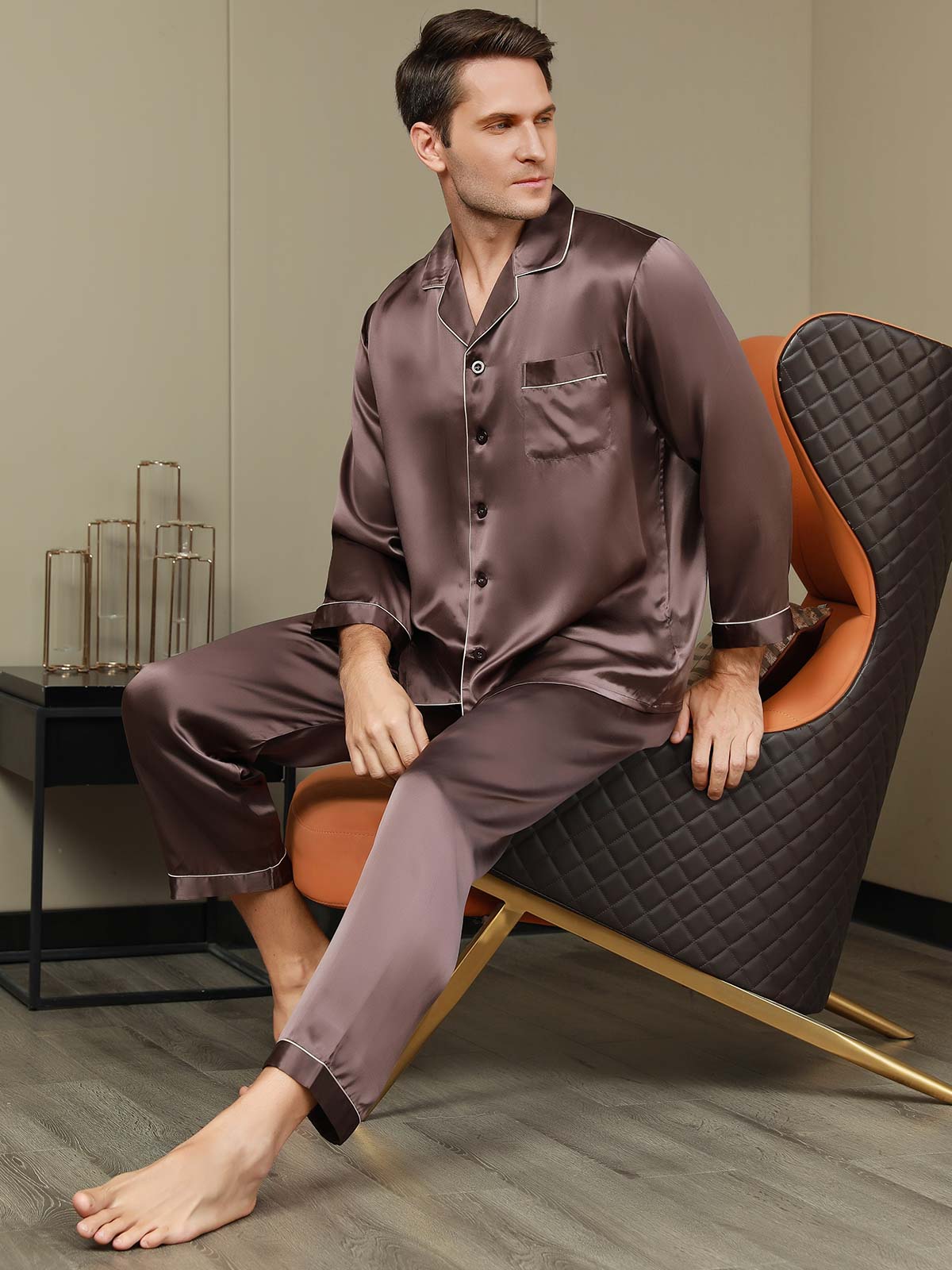 [Coffee] SilkSilky-CA Pure Silk Long Sleeve Lapel Men's Pajamas 001