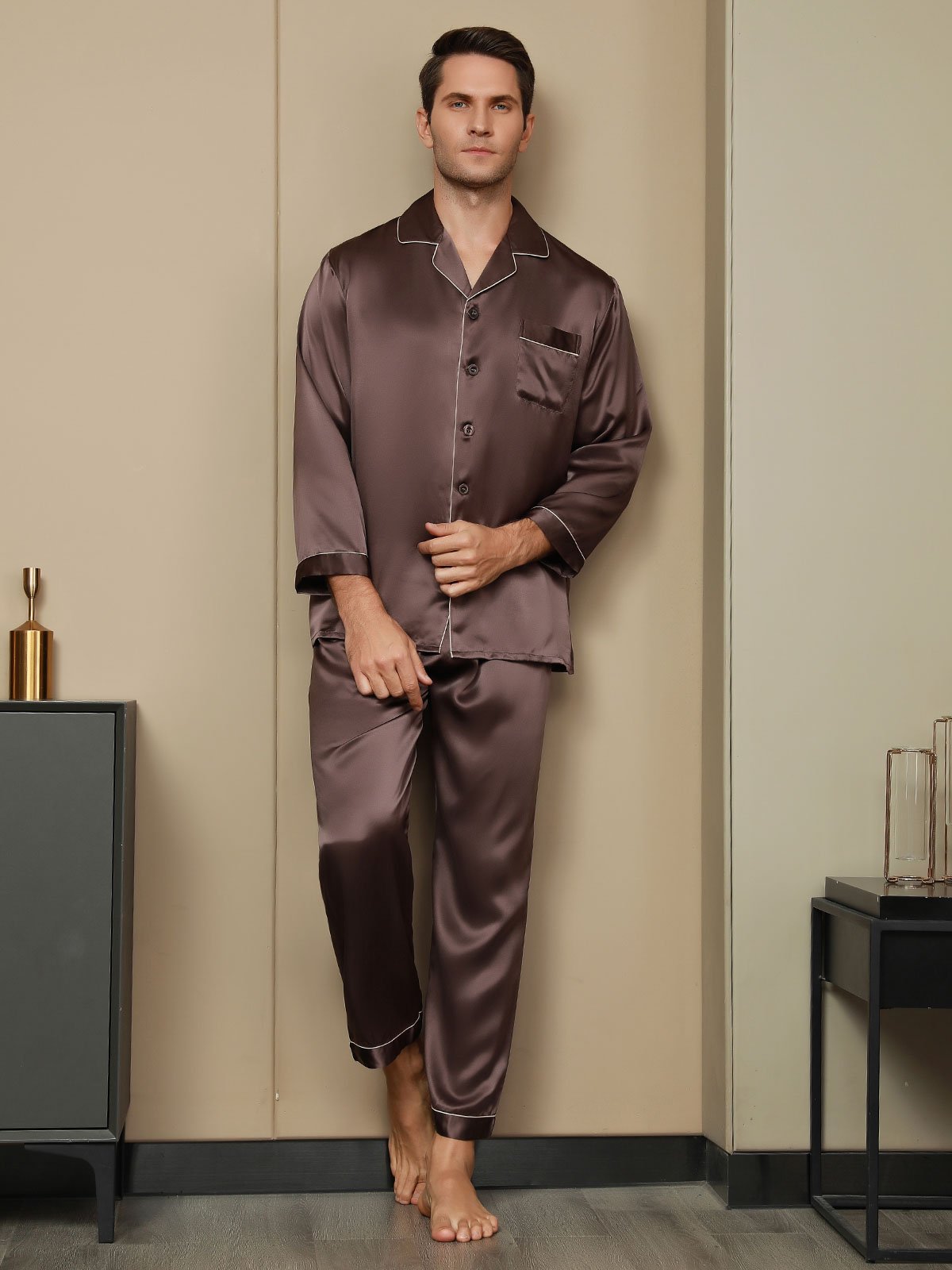 [Coffee] SilkSilky-CA Pure Silk Long Sleeve Lapel Men's Pajamas 002