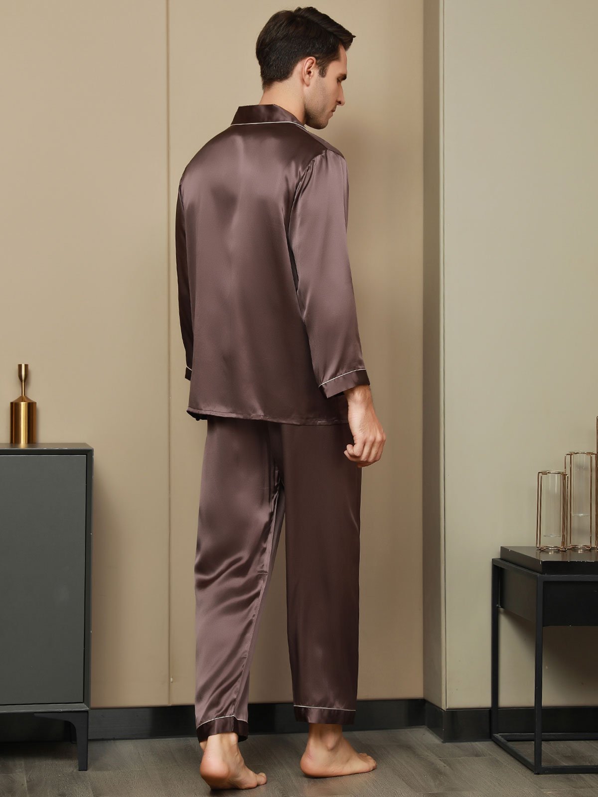 [Coffee] SilkSilky-CA Pure Silk Long Sleeve Lapel Men's Pajamas 003