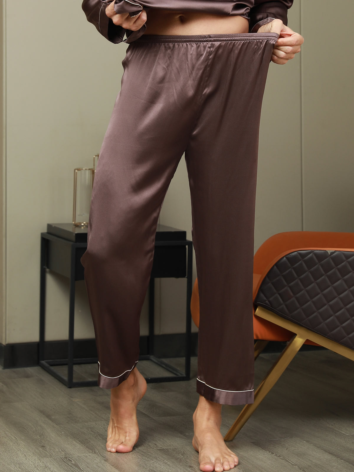 [Coffee] SilkSilky-CA Pure Silk Mens Sleep Bottoms 004