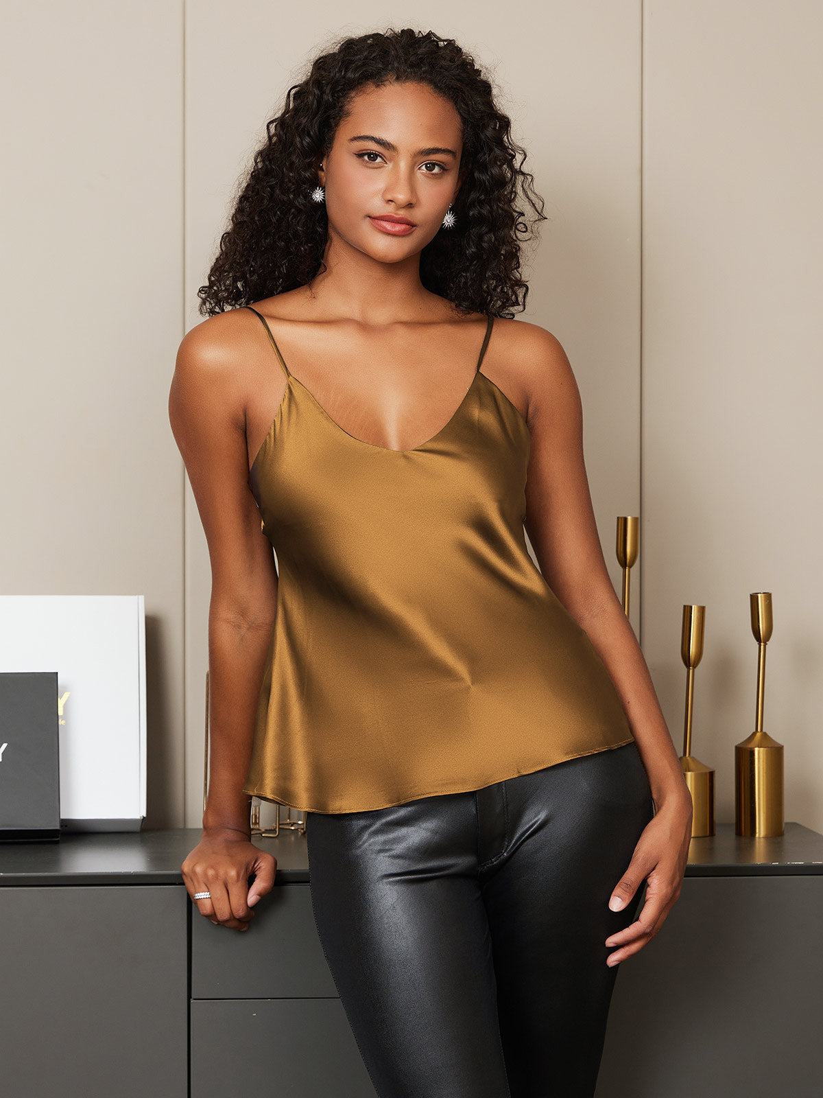[Coffee] SilkSilky-CA Pure Silk V Neck Camisole 005
