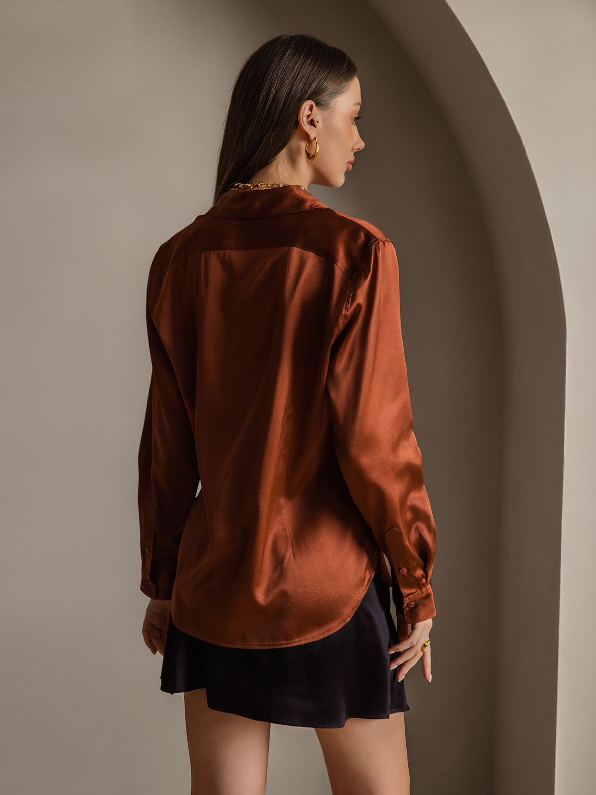 [Coffee] SilkSilky-CA Silk Long Sleeve Collar Women's Shirt 002