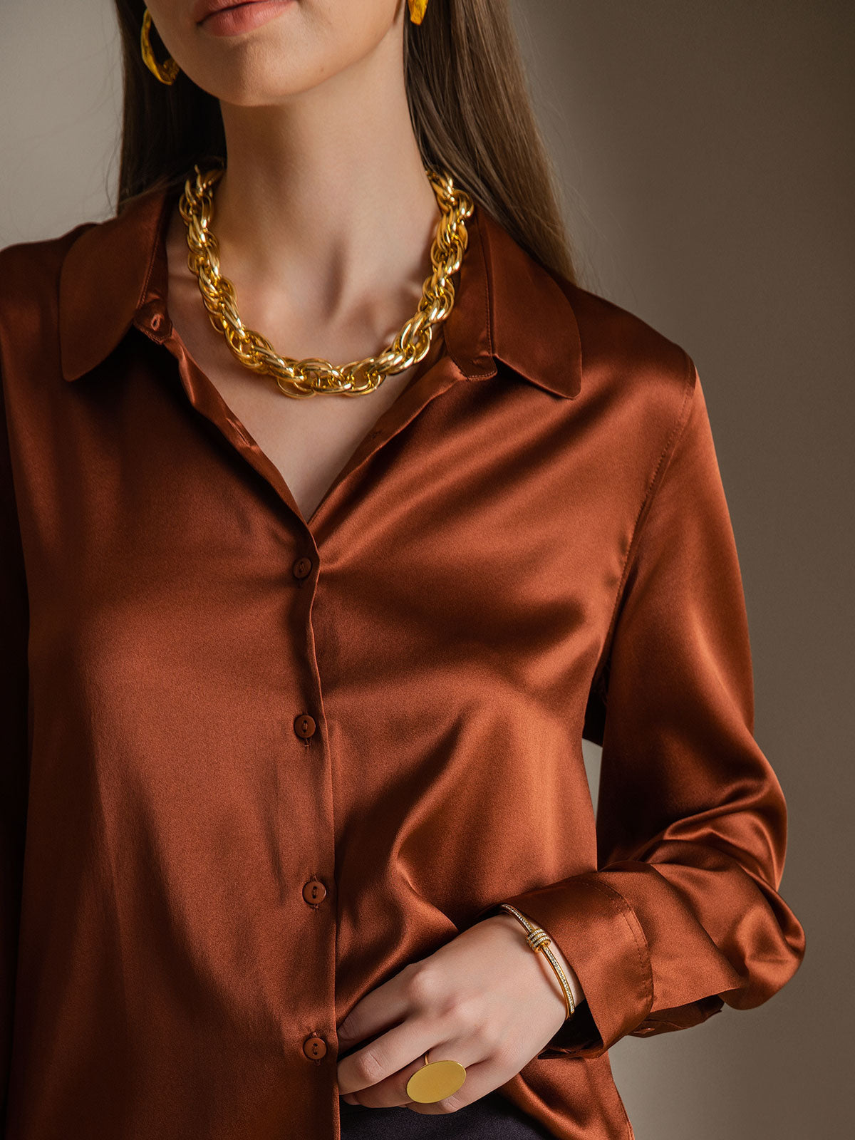 [Coffee] SilkSilky-CA Silk Long Sleeve Collar Women's Shirt 006