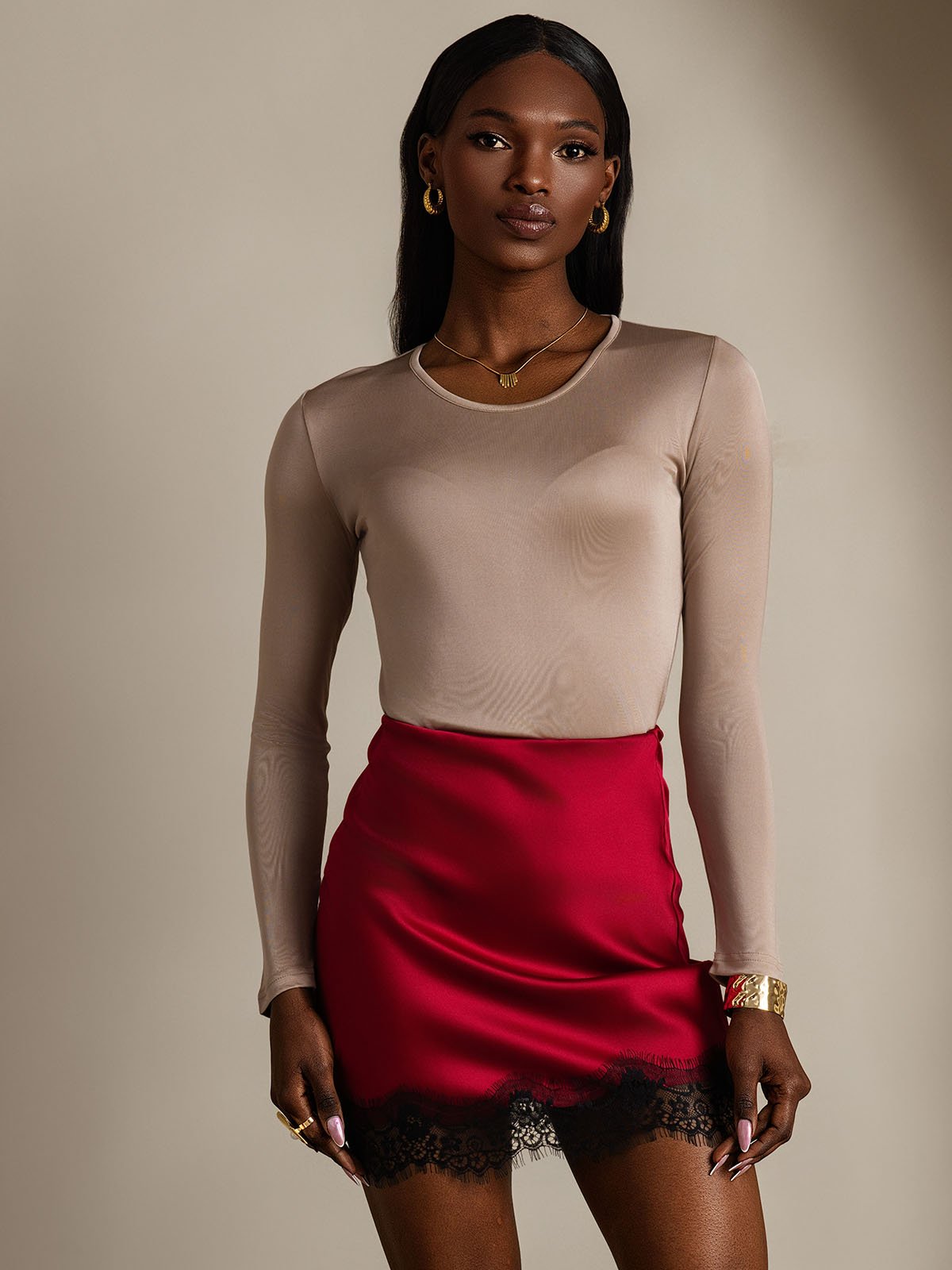 [Coffee] SilkSilky-CA Silk Long Sleeve Round Neck Women's T-Shirt 001