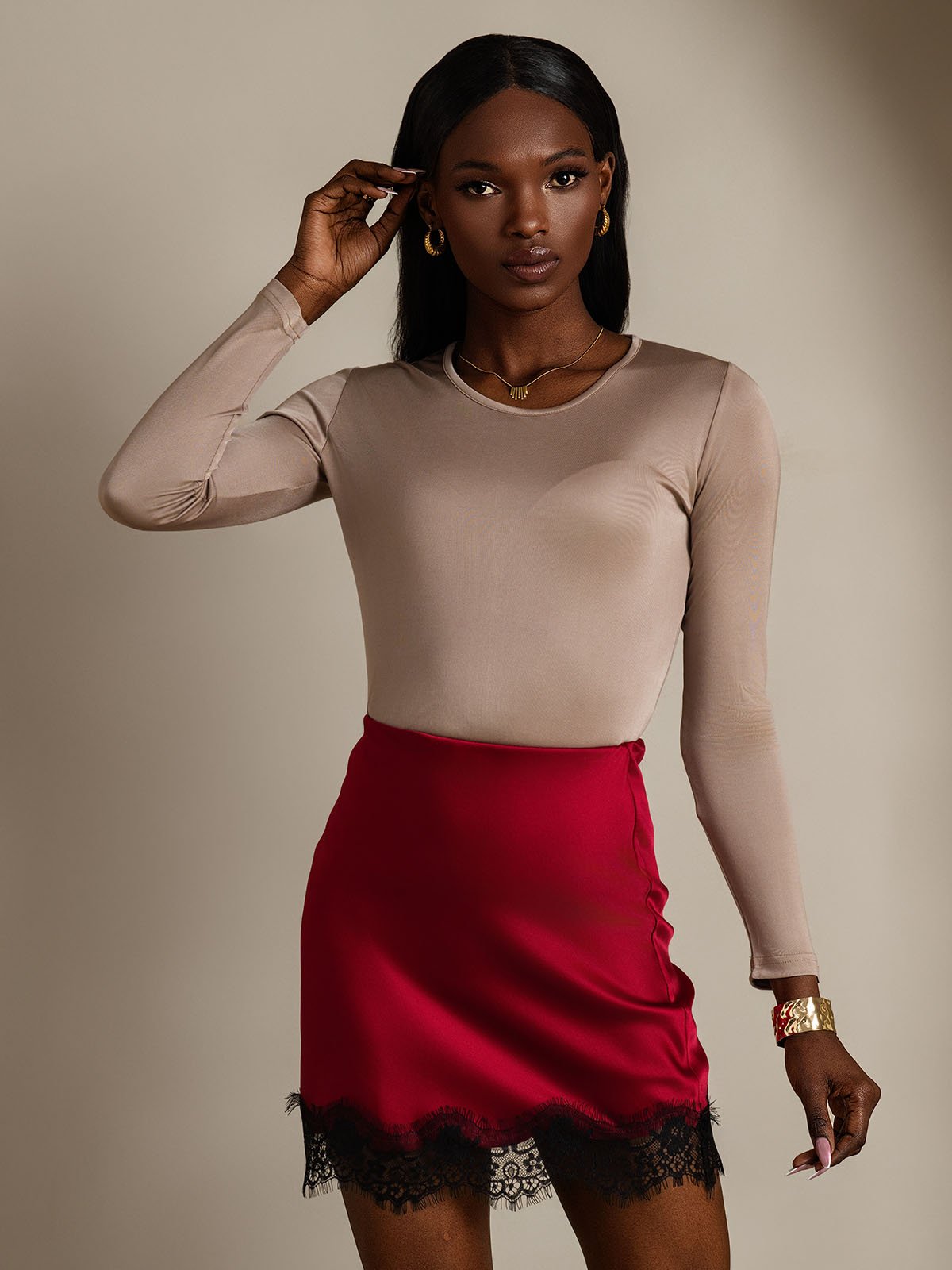 [Coffee] SilkSilky-CA Silk Long Sleeve Round Neck Women's T-Shirt 004