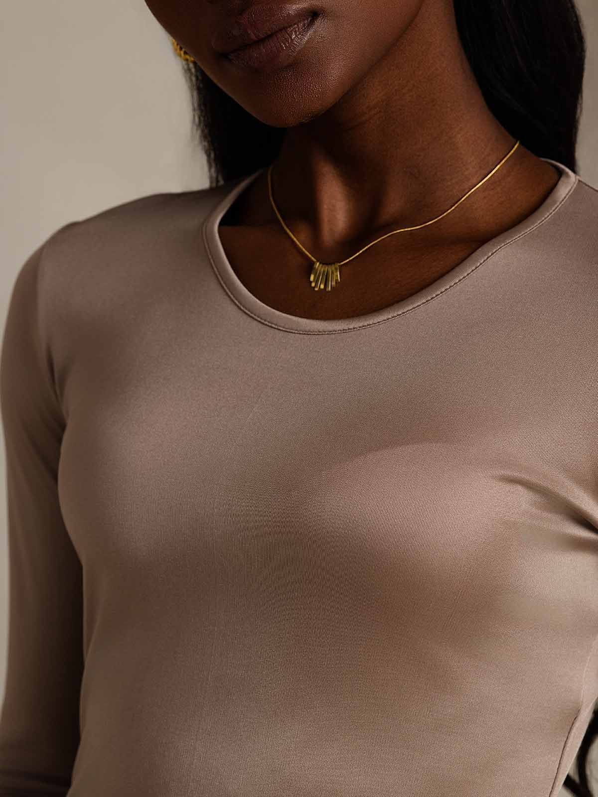 [Coffee] SilkSilky-CA Silk Long Sleeve Round Neck Women's T-Shirt 008
