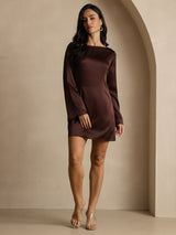 [Coffee] SilkSilky-CA Long Sleeve Boat Neck Dress 001