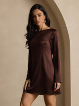 [Coffee] SilkSilky-CA Long Sleeve Boat Neck Dress 007