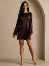 [Coffee] SilkSilky-CA Long Sleeve Boat Neck Dress 008