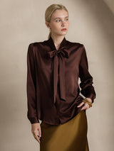 [Coffee] SilkSilky-CA 19Momme Stretch Silk Charmeuse Long Sleeve Tie Neck Blouse 005