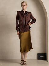 [Coffee] SilkSilky-CA 19Momme Stretch Silk Charmeuse Long Sleeve Tie Neck Blouse 006