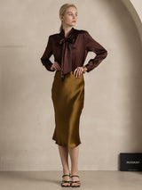 [Coffee] SilkSilky-CA 19Momme Stretch Silk Charmeuse Long Sleeve Tie Neck Blouse 007